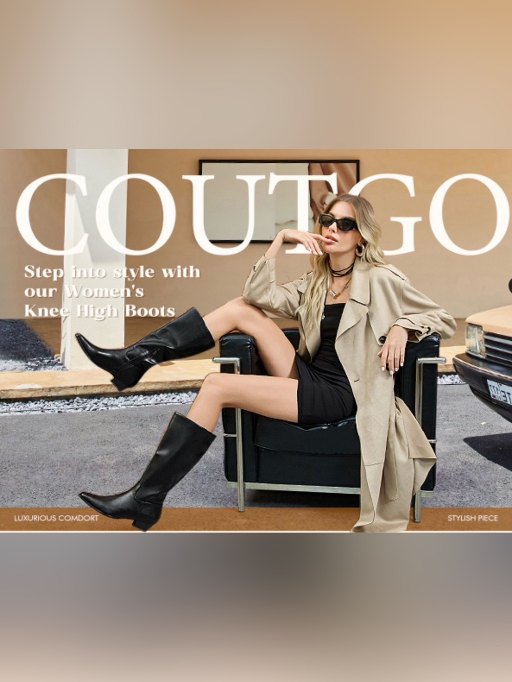 Coutgo Womens Knee High Boots Square Toe Chunky Block Low Heel Long Boots